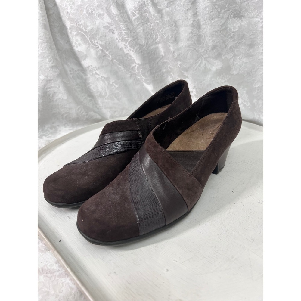 Clarks Artisan Brown Suede Leather Snakeskin Block Heel Pumps Shoes Womens 9.5 M